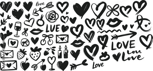 A collection of heart-themed doodles and love symbols in black and white Vector