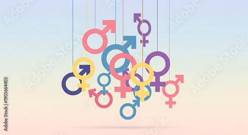 A vibrant collection of gender symbols in various colors suspended from strings against a pastel rainbow background gender equality