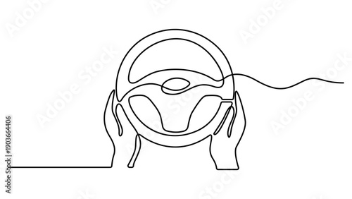 Simple continuous line drawing of a Car steering wheel. One line art, Line art graphic style. Vector illustration