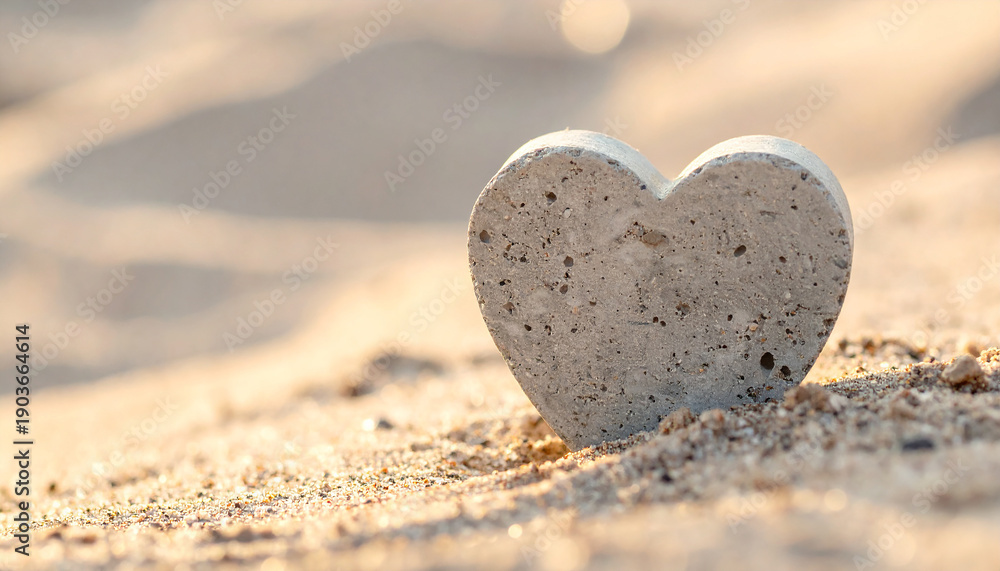 Fototapeta premium Heart-shaped concrete block on sandy surface, rough texture. Strength, resilience and enduring love.