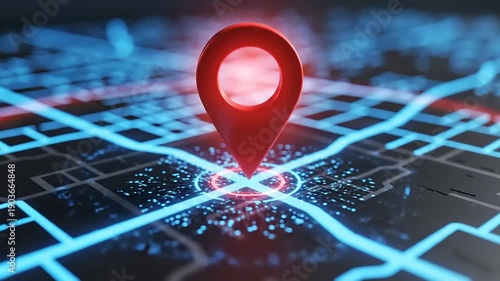 Global location tracking and navigation concept with map pin and futuristic glowing lines