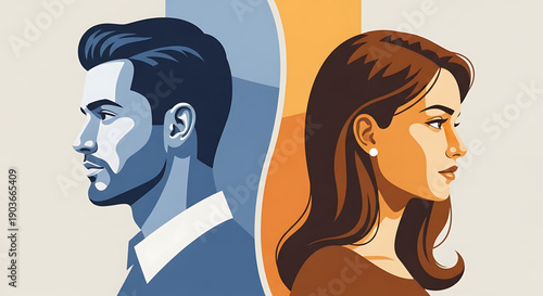 Illustration of a man and woman facing right in profile with contrasting colors and styles gender equality