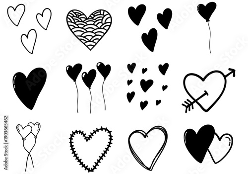 Set of black heart shapes in a clean vector illustration perfect for love, romance, Valentine’s Day, and decorative design
