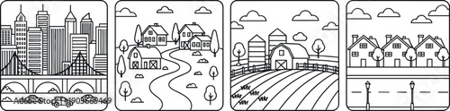 Minimal black line square landscape scenes showing modern city skyline, countryside village, farmland fields and suburban neighborhood