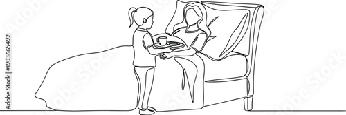Caring daughter brings a cup of coffee to her mother resting in bed.