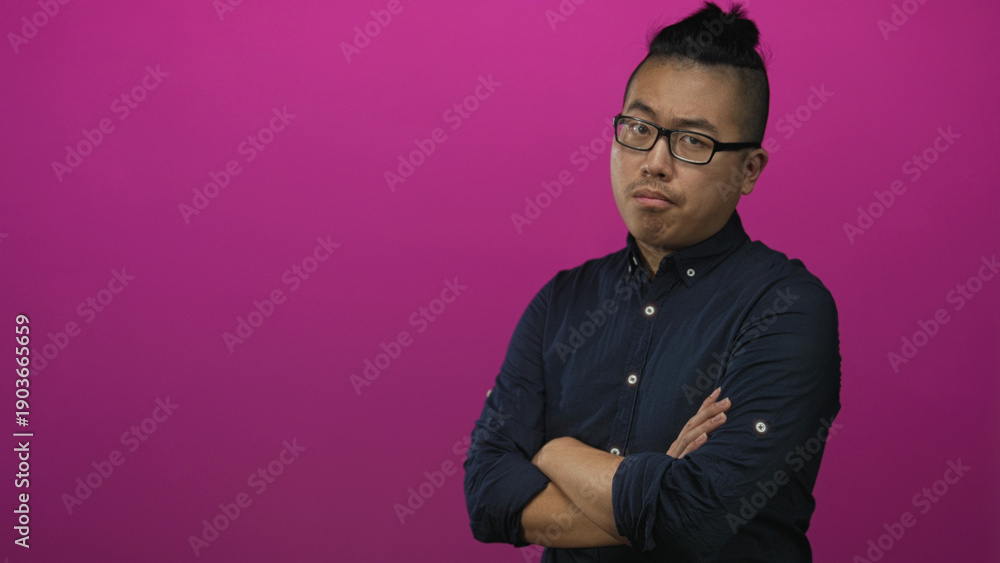 Fototapeta premium Young man with crossed arms and glasses in studio wearing navy shirt with rolled sleeves against pink backdrop; quiet confidence.