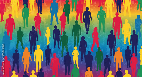 Vibrant illustration of diverse people standing together in a rainbow of colors representing unity and inclusivity in a modern society gender equality