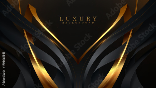Gold curve line on black luxury background with glitter light effect decoration.