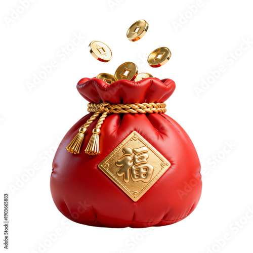 Traditional Red Lucky Money Bag with Golden Fu Character and Floating Coins Representing Prosperity for 2026 Chinese Lunar New Year