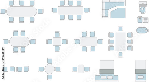 Architectural Floor Plan Furniture Symbols Set with Top View Icons for Interior Design Layout Including Tables Chairs Beds and Bathroom Fixtures