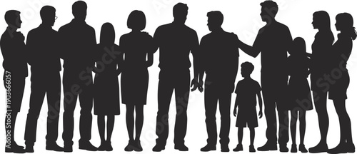 People group silhouette illustration showing diverse community together, adults and children standing, unity, teamwork, social connection, family, society concept, design