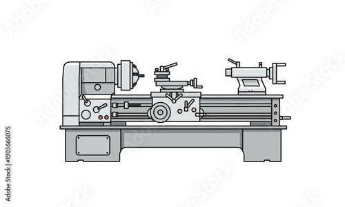 Detailed vector illustration of a robust industrial metalworking lathe machine, essential equipment for precision turning and manufacturing processes in a modern workshop environment