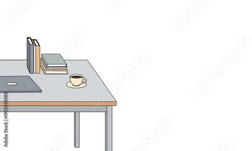 Clean line art illustration of a functional desk setup with a laptop, stacked books, and a hot coffee cup, symbolizing efficient remote work, focused study, and a productive home office environment