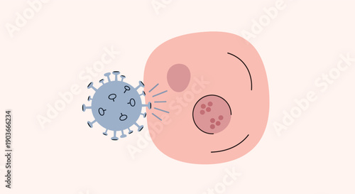 Visual representation of a microscopic invader attaching to and penetrating a human cell, symbolizing the onset of a viral infection or disease process