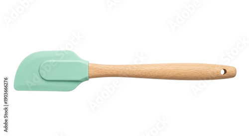 Photos Mint green silicone spatula with wooden handle isolated PNG, kitchen utensil for