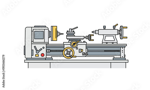 Industrial lathe machine for metalworking and manufacturing in a factory setting, a piece of machinery used for shaping and precision engineering