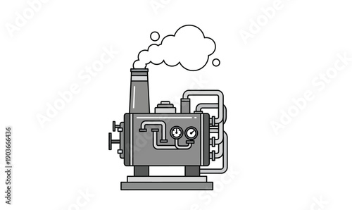 Monochrome vector icon of an industrial steam engine, with a smoking chimney, pipes, and gauges, symbolizing vintage factory machinery and mechanical power generation