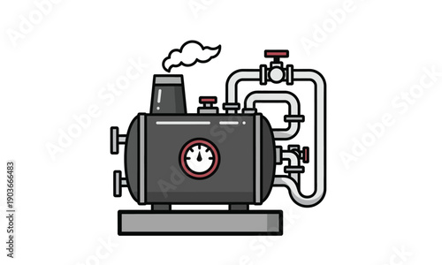 Illustration of a steam boiler with pressure gauge and pipes, symbolizing industrial power and heating systems