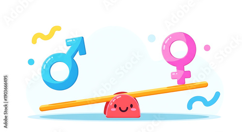 A colorful illustration of a seesaw with a smiling red object and gender symbols on a with decorative elements gender equality