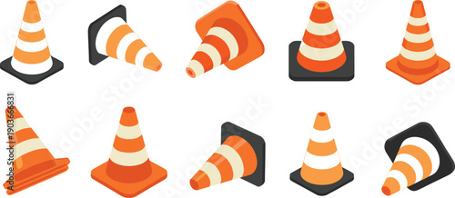 Traffic cones, collection vector set orange road safety warning cones, construction barrier icons, isometric flat design, isolated white background illustration