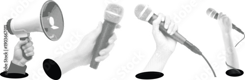 Trendy Halftone Collage Hand holding Megaphone and microphone for media interview and news. Speech bubble messages. Journalist and reporter. Broadcast recording. Vintage retro vector illustration art