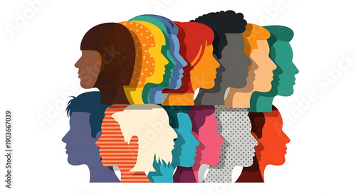 Diverse group of people with different skin tones and hairstyles in a collage, representing unity and diversity gender equality