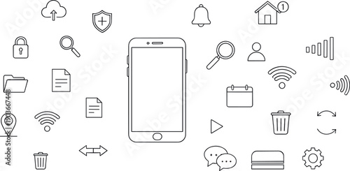 Minimal black line universal mobile interface icon set surrounding smartphone with navigation, security, cloud, media and connectivity symbols