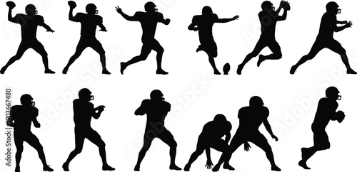 WebAmerican Football Player Silhouette Collection Featuring Quarterback Throwing, Kicking, Running, and Defensive Action Poses for Sports Graphic Design, Team Competition, and Athletic Achievement.