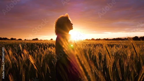 A serene silhouette of a woman standing amidst a golden wheat field at sunset, with the vibrant sky behind her
