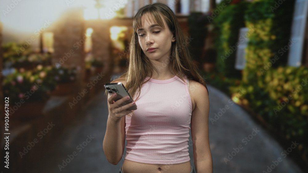 Fototapeta premium Young woman holding smartphone with bellybutton exposed standing on a street beside flower planters and stone pavement; distraction connectivity.