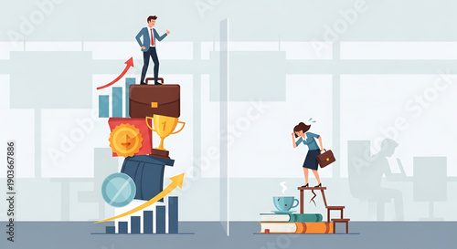 Businessman and businesswoman climbing stacks of books and office supplies in an office setting with a blurred background gender equality