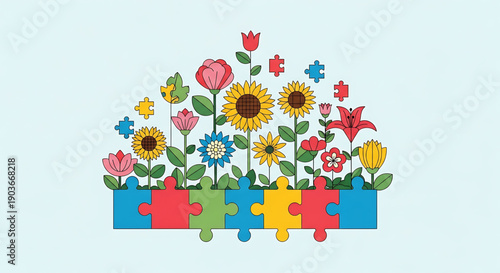 Colorful puzzle pieces with flowers growing out of them in a creative arrangement on a light blue background gender equality