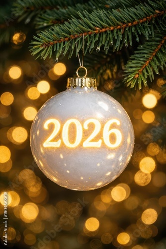 A glass ornament signifying the year 2026 dangles from a pine tree branch, illuminated by the warm glow of soft golden lights