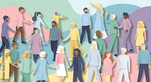 Diverse group of people standing together in a colorful illustration with various individuals from different ethnicities and age groups on a multicolored background gender equality