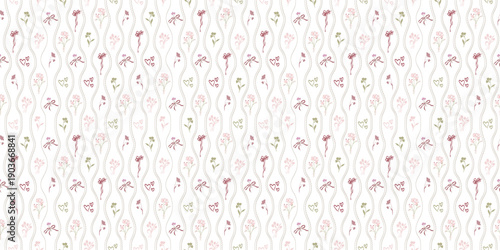Seamless Vertical Wavy Ribbon Floral Pattern with Small Flowers and Hearts on White Background for Elegant Romantic Textile Design and Gift Wrap