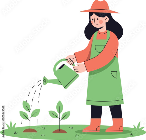 Young Girl Watering Plants in Garden Flat Vector Illustration