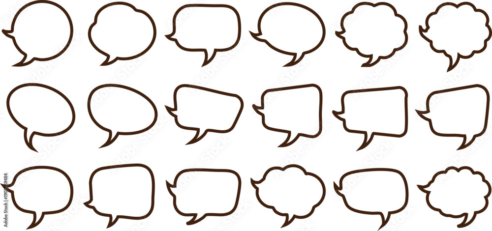 Fototapeta premium Twenty outline speech bubble shapes in brown with a white fill on a white background