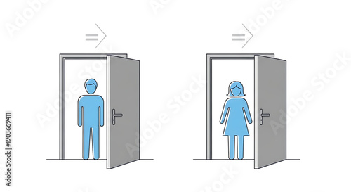 A blue man and woman standing in open gray doors with arrows pointing outward indicating direction of movement gender equality