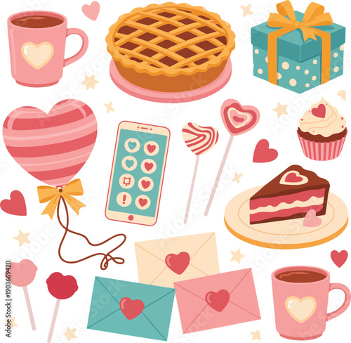 Collection of valentine's day items including sweet foods drinks gift and communication on transparent background.