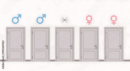 A row of gray doors with male and female symbols on a gender equality