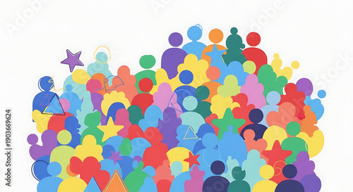 A colorful illustration of a diverse crowd of people and stars in various colors on a gender equality