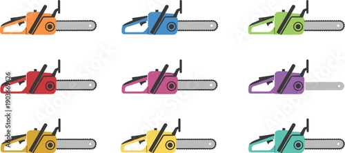 chainsaw,tool,tools,cutting,wood,logging,forestry,equipment,industry,construction,hardware,machinery,power,engine,maintenance,safety,vector,illustration,colorful,collection