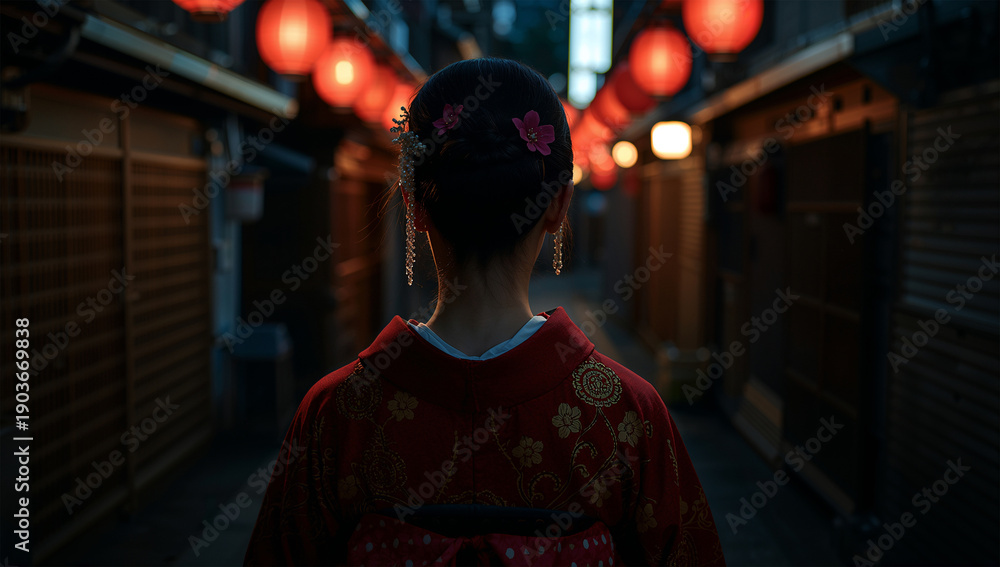 Obraz premium 夜の花街で和装の女性が提灯の灯りに浮かぶ後ろ姿