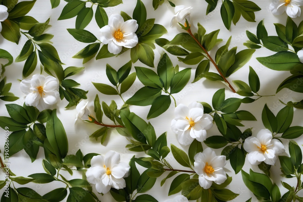Fototapeta premium White Flowers and Green Leaves Flat Lay Pattern View from the Top