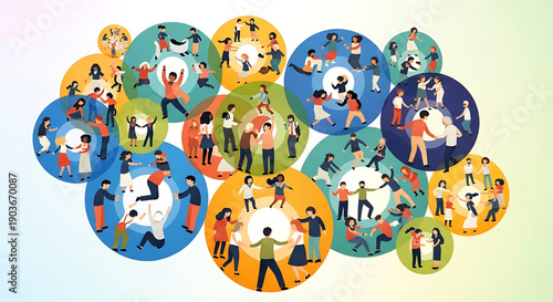 A vibrant illustration of diverse people engaging in various activities within colorful circles on a gradient background gender equality