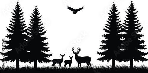 forest,deer,wildlife,nature,silhouette,trees,animal,landscape,woodland,elk,stag,buck,doe,bird,wilderness,black,white,vector,illustration,scene