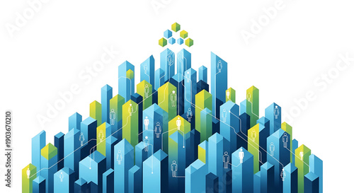 A vibrant 3d illustration of a stylized city skyline with blue and green buildings rising upwards gender equality