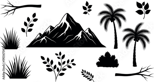 Black silhouette nature elements set with mountain, palm trees, grasses, leaves, bushes and fallen branches