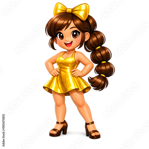 Fashion Girl With Long Brown Hair Tied in Bow Wearing Sparkling Gold Dress And Sandals