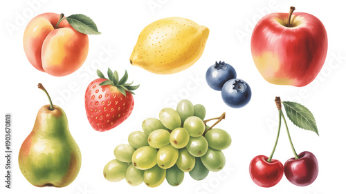 Fresh summer fruits assortment painted in natural watercolor. Summer fruit collection in fresh watercolor style.